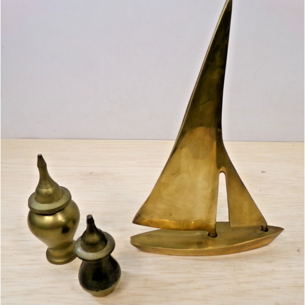 Vintage Brass Pieces 2 Miniature Covered Urns and a Heavy 10" Sailboat